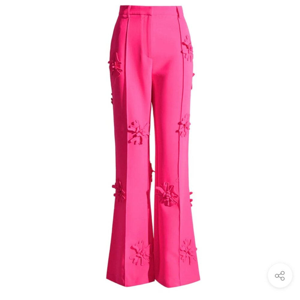 Modern Floral Appliqué High Rise Straight Leg Crepe Pants - Hot Pink